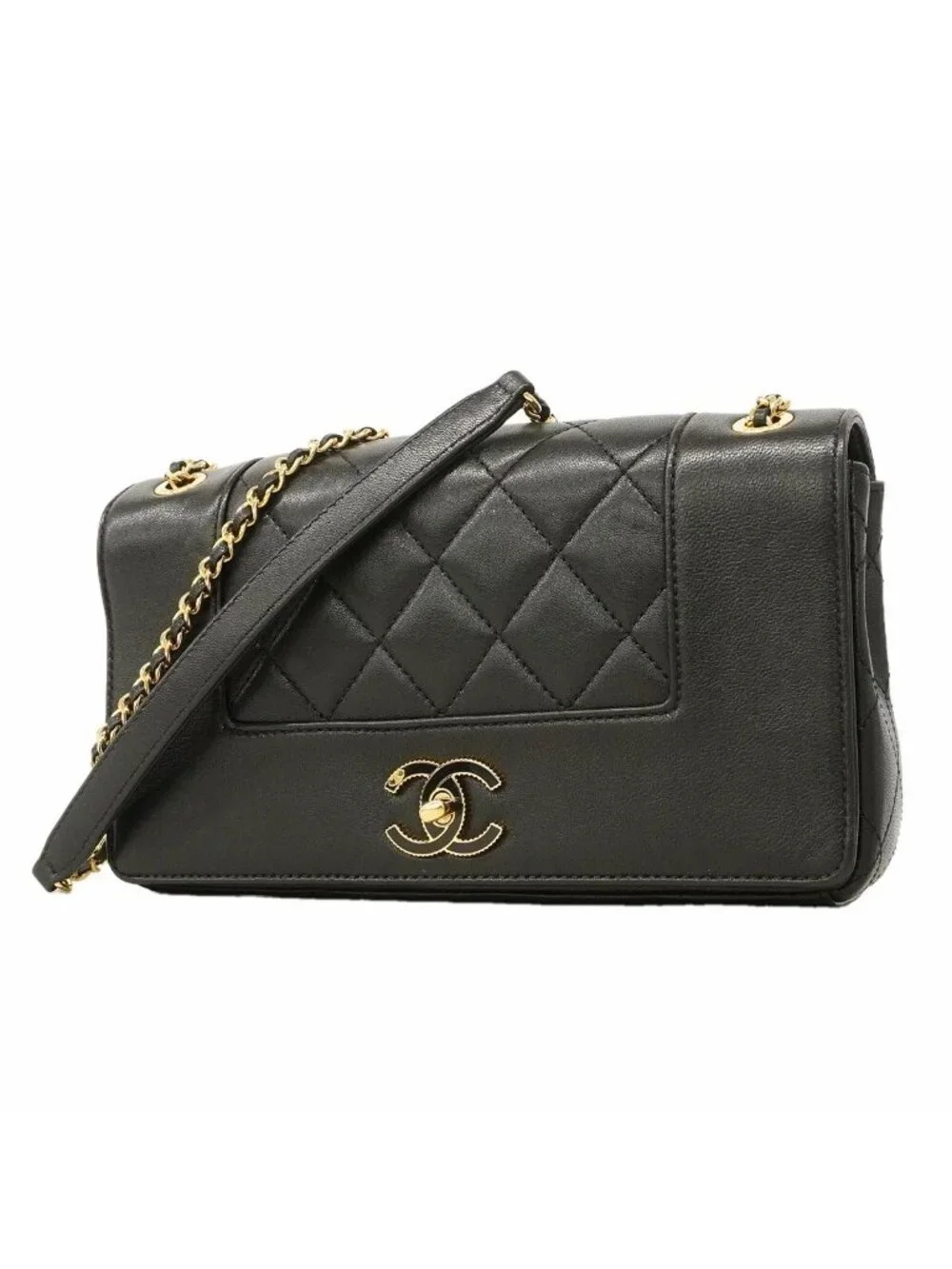 Chanel Shoulder Bag Mademoiselle Leather Black Gold